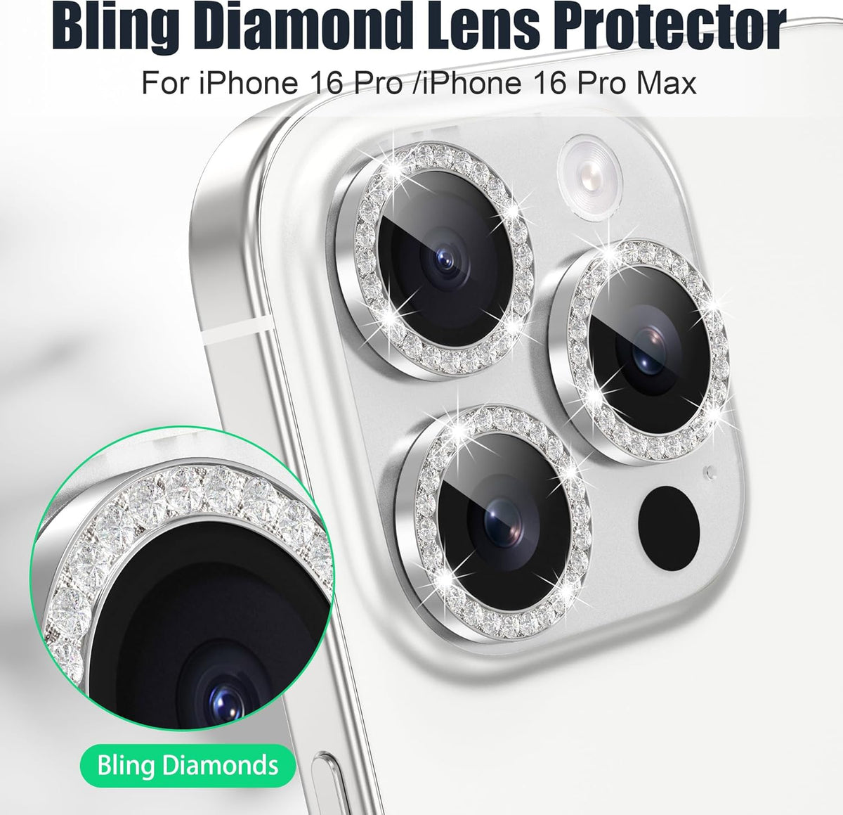 AGVEE 3+3 6 Pack for iPhone 16 Pro 6.3" / 16 Pro Max 6.9" Camera Lens Cover Protector, Bling Diamond & Bling Glitter Metal Ring 9H Tempered HD Glass Camera Cover Protector Film, Bling-Silver