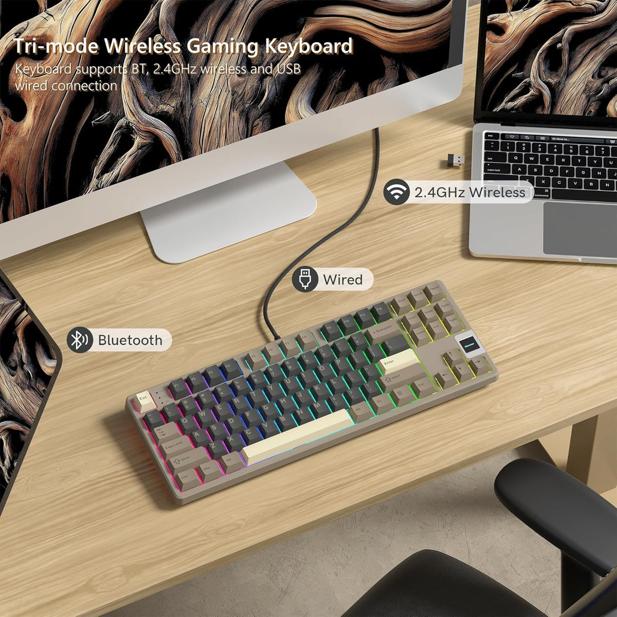 QK87 75% Keyboard with Multimedia Screen, QMK/VIA Wireless Gaming Keyboard, Creamy Mechanical Key Board,3-Mode RGB Custom Gasket Hot Swappable for Windows&Mac, POM Linear Switch (Green Brown)