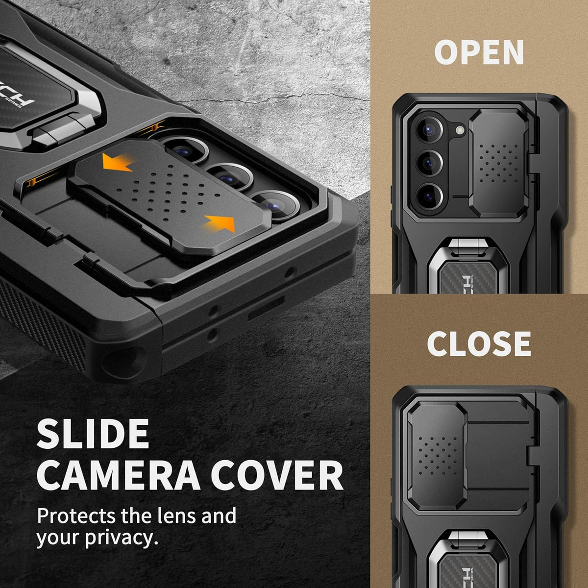 TONGATE for Z Fold 5 Case with Ring Stand, Built-in S Pen Holder & Glass Screen Protector Shockproof Rugged Z5 Phone Case with Slide Camera Cover& Belt Clip for Samsung Galaxy Z Fold 5, Privacy Black