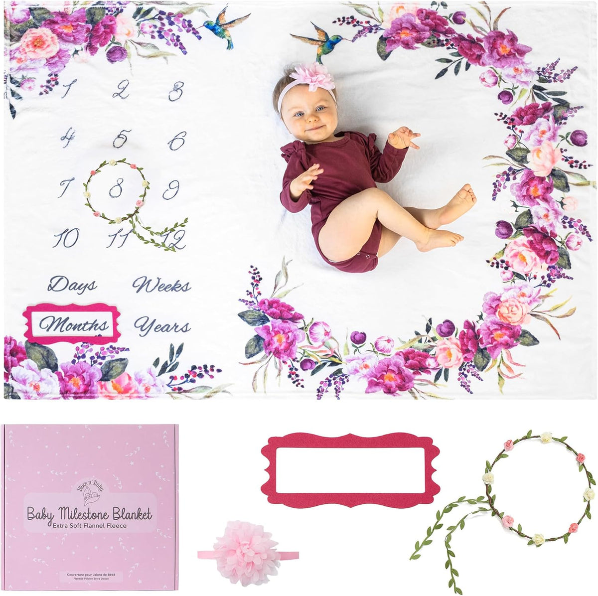 60"x40" Bliss n' Baby Monthly Milestone Blanket for Baby Girl - - Wrinkle Free Baby Age Month Blanket with Growth Chart