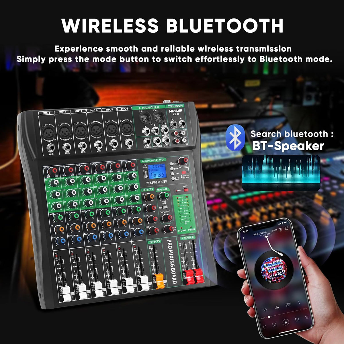 6 Channel Audio Mixer, Professional DJ Mixer Board Sound Music Mixing Console Digital Mixer with Reverb, Bluetooth, USB Port, 48V Phantom Power for Recording Karaoke Podcasting