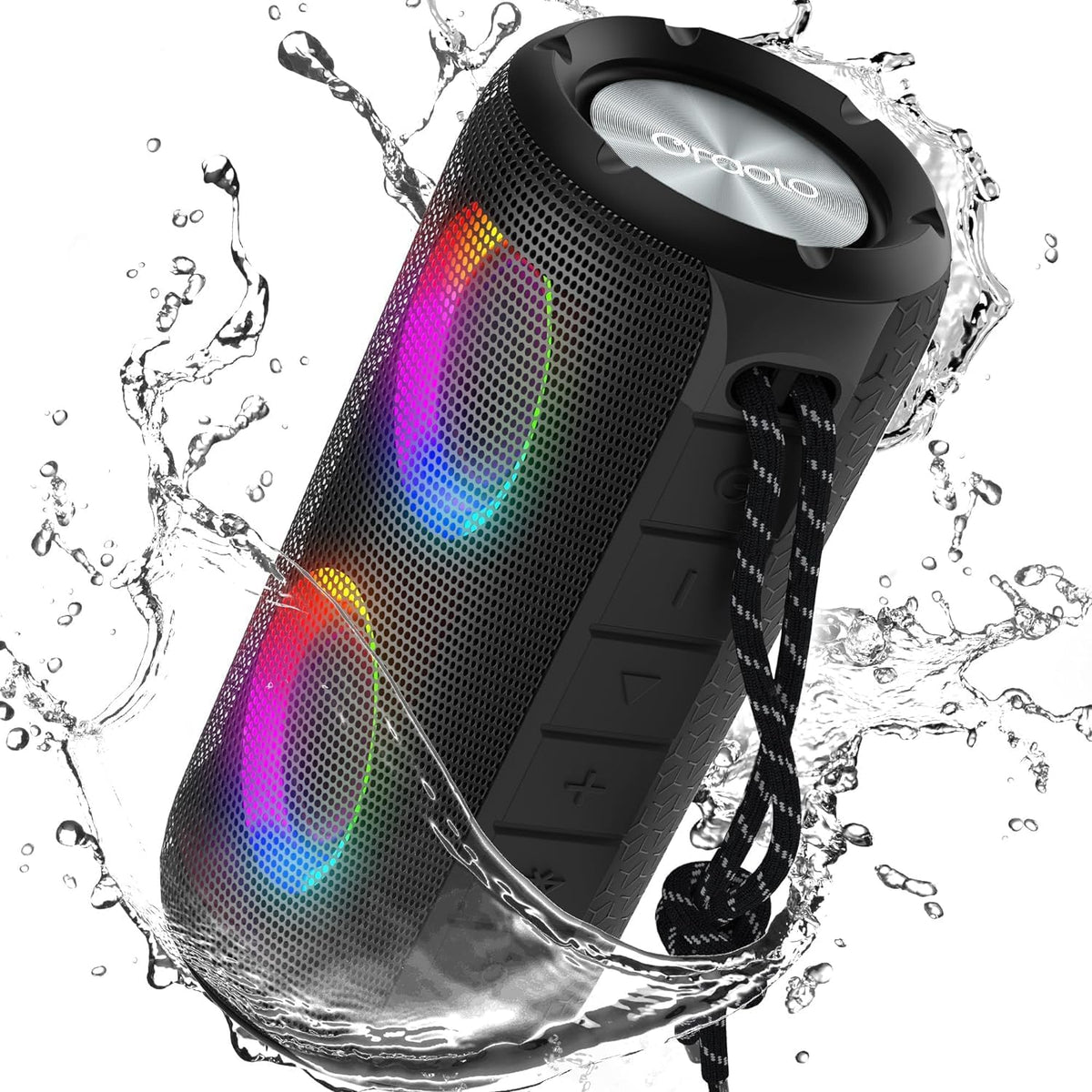 BUGANI Luster Bluetooth Speakers, Portable Wireless Stereo Speaker with Colorful Lights, Loud Sound, Bluetooth 5.3, 24H Playtime, IPX6 Waterproof, AUX-in, for Home/Outdoor/Camping/Beach