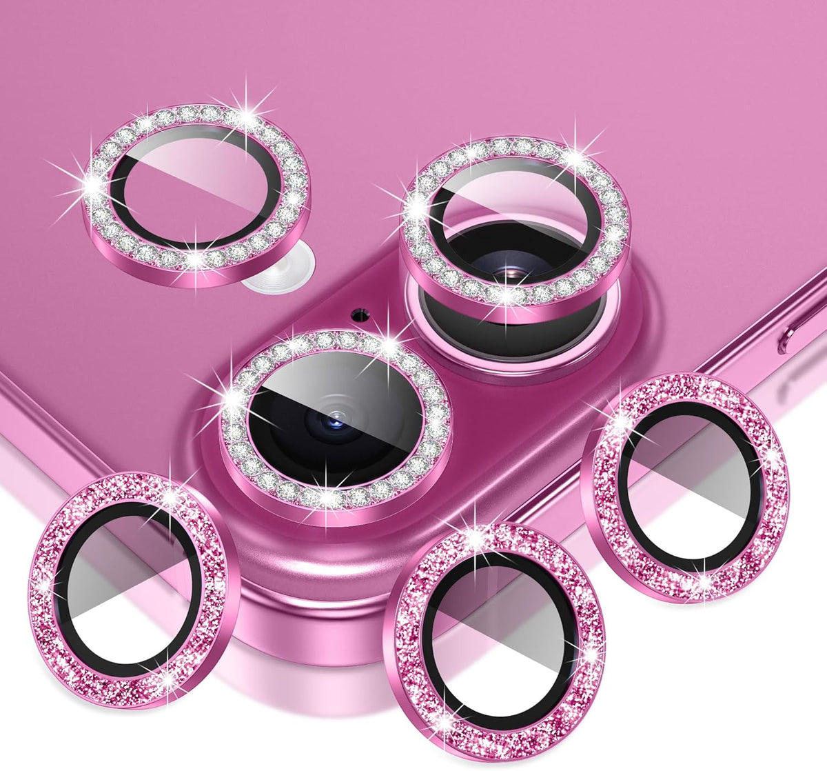 AGVEE 3+3 6 Pack for iPhone 16 6.1" / 16 Plus 6.7" Camera Lens Cover Protector, Bling Diamond & Bling Glitter Metal Ring 9H Tempered HD Glass Camera Cover Protector Film, Bling-Rose