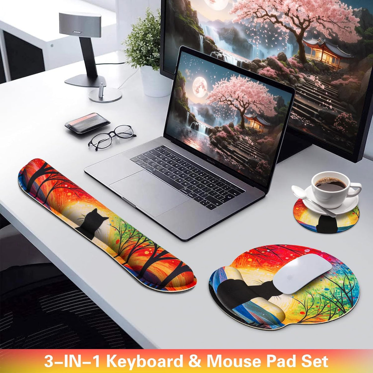 Mouse Pad with Wrist Rest Cute Black Cat Set,Qomolama 3-in-1 Wrist Support Mouse Pad Set,Gaming Mousepad with Anti-Skid Base,Ergonomic Mouse Pad,Memory Foam Keyboard Gel Wrist Rest Anime