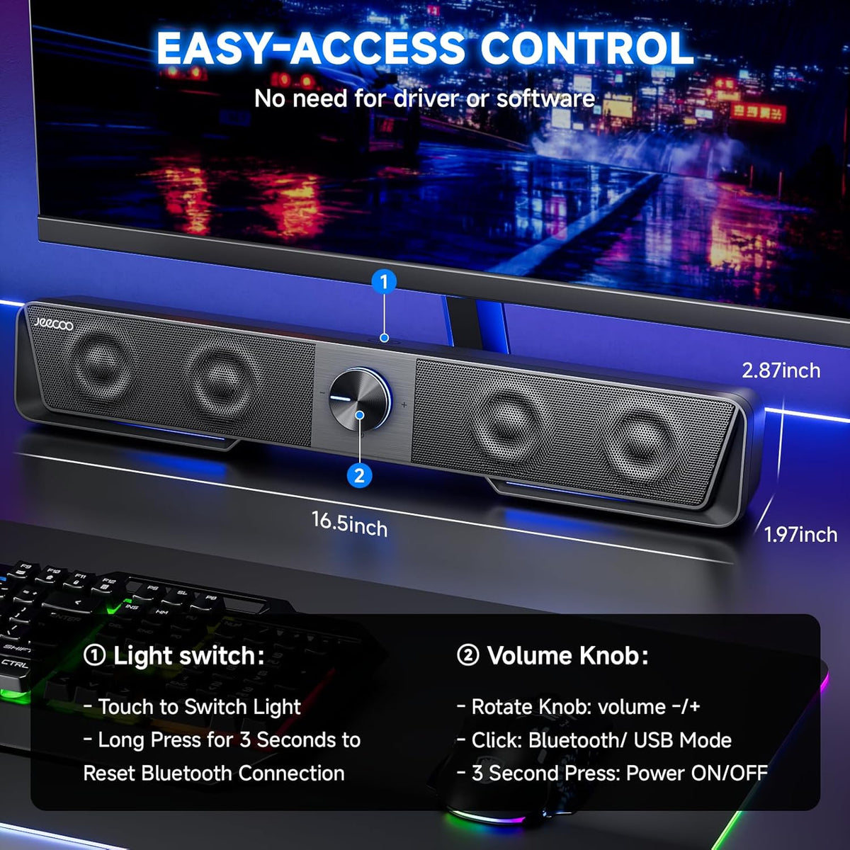 Jeecoo A40 Bluetooth Computer Speakers with Clear Sound, USB Plug & Play PC Speakers with LED Light, Computer Sound Bar with Switch Button for Desktop Laptop Monitor (USB-C Adapter Included)