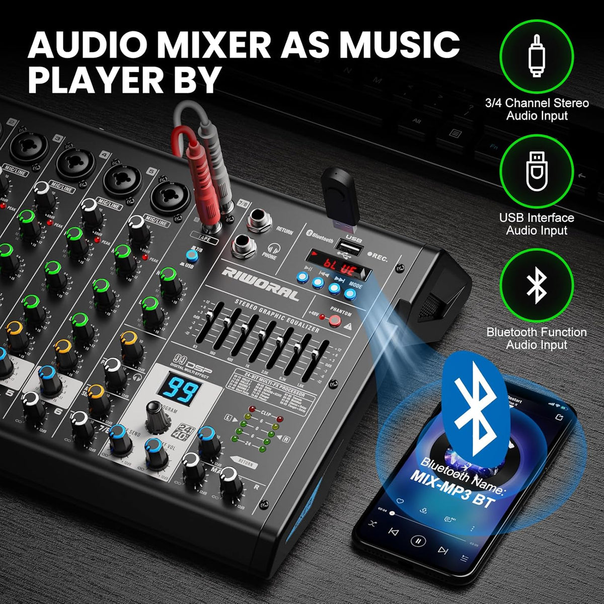 8 Channel Audio Interface DJ Mixing Sound Board 16 DSP Digital Effects With 40khz/24bit Bluetooth USB Rac Interface As Mp3 Player Audio Mixer For Karaoke Streaming Recording