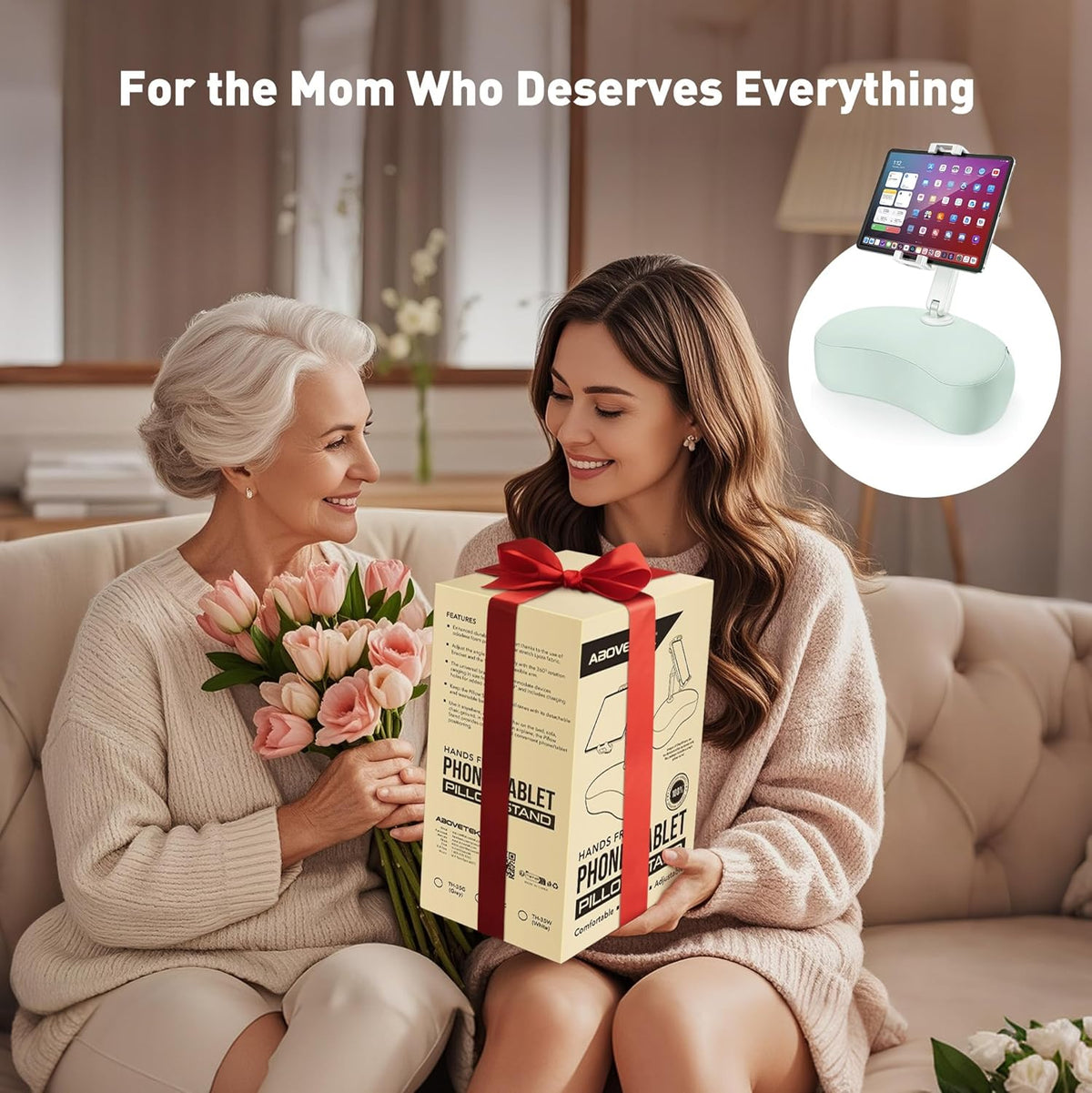 AboveTEK Tablet Pillow Stand for Bed, Hands-Free 360° Adjustable iPad Pillow Holder for Lap Reading w/Soft Bean Bag, Ideal Gift for Mom, Fits 4.7" to 12.9" Tablet, Phone, Kindle - Cyan