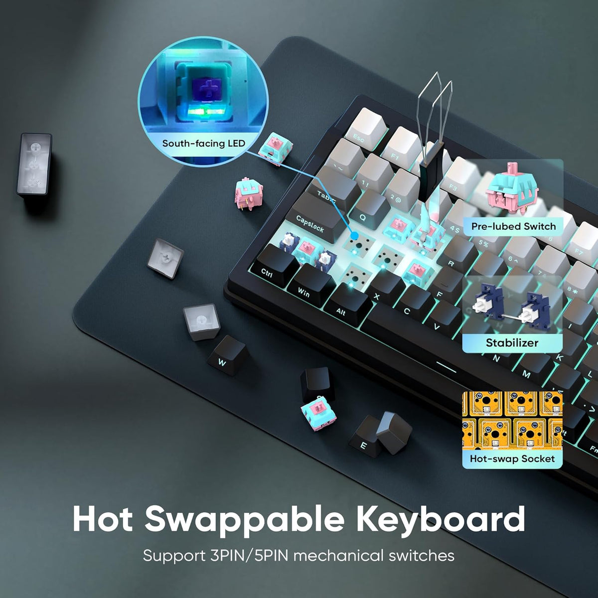 RedThunder K95 Wireless Mechanical Keyboard,TFT Screen & Knob, Trip-Modes Connection, Gasket Custom Hot-Swap Keyboard, RGB Backlit, Pre-lubed Linear Switches, Side Printed PBT Keycaps, Gray Gradient