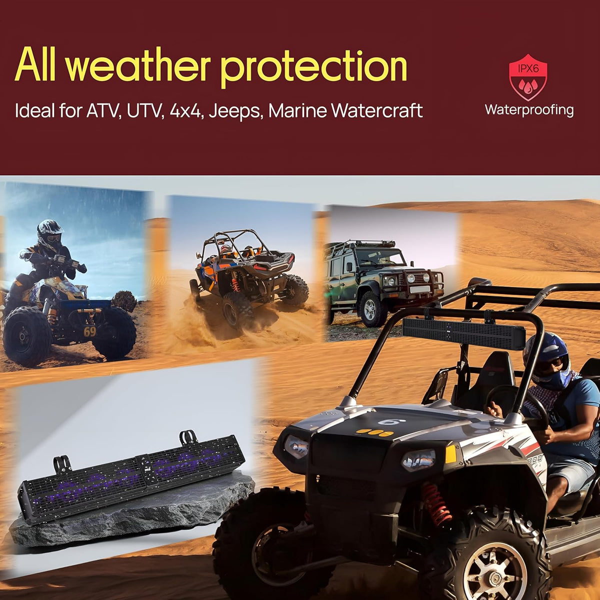 Pyle 32" Powered ATV/UTV Soundbar System, 200W Bluetooth Speakers with Built-in Amplifier, Waterproof and Weatherproof, Wireless BT Streaming and Auxiliary Input, LED Lights