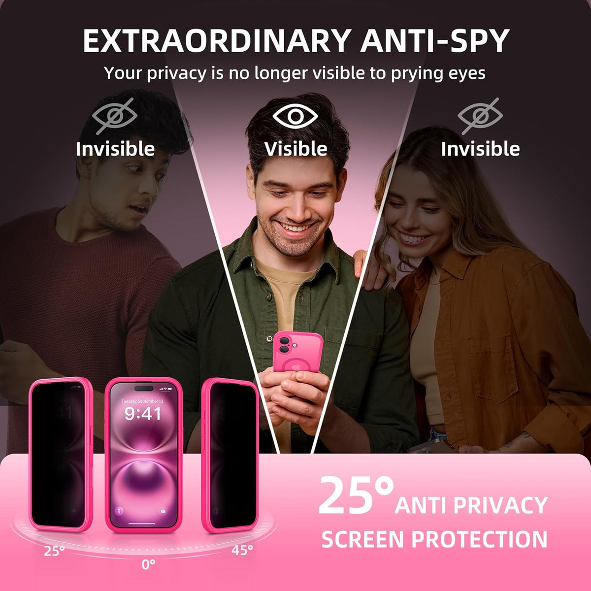 BERFY Magnetic for iPhone 16 Plus Case, Compatible with MagSafe, Built-in Privacy Screen Protector and Upgraded Camera Protection, Anti-Spy Full Body Shockproof Phone Case for 16 Plus 6.7", Hot Pink