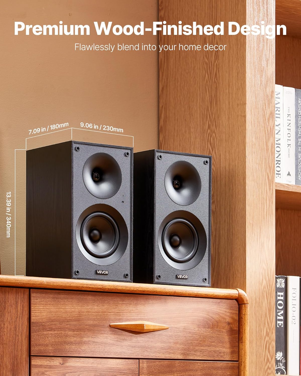 VEVOR Powered Bookshelf Speakers, 25W x 2, Active Studio Monitor Speaker with 5.25 Inch Woofer, Bluetooth/RCA/Coaxial/Optical/USB/Subwoofer Connection, Wooden Enclosure, for Record Player Turntable PC