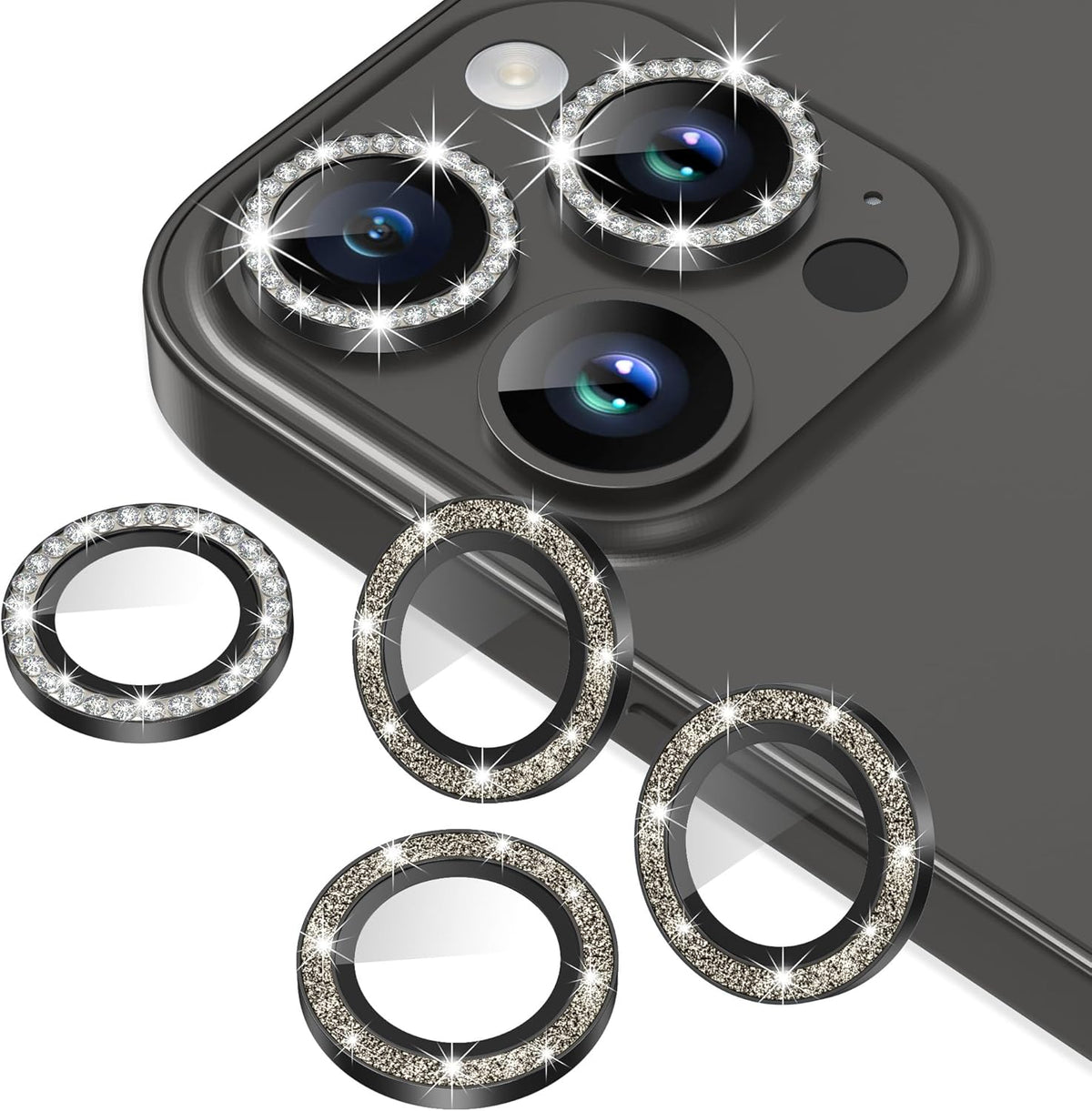 AGVEE 3+3 6 Pack for iPhone 15 Pro 6.1" / 15 Pro Max 6.7" Camera Lens Protector, Bling Diamond & Bling Glitter Metal Ring 9H Tempered HD Glass Camera Protector Cover Film, Bling-Black