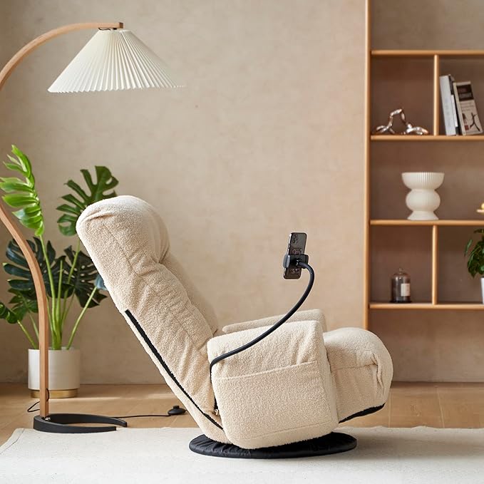 Gaming Chair Floor Sofa 360° Swivel Gaming Lounge Chair with Adjustable Backrest &amp Armrests Game Chair w/Phone Holder &amp Side Pocket Teddy Fluffy Recliner for Bedroom Living Room Dorm (Beige