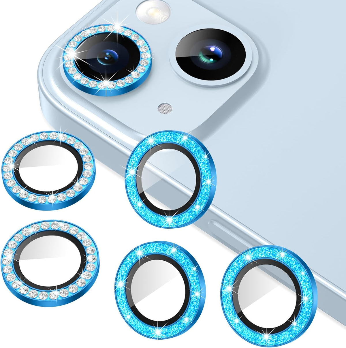 AGVEE 3+3 6 Pack for iPhone 15/15 Plus Camera Lens Protector, Bling Diamond & Bling Glitter Metal Ring 9H Tempered HD Glass Camera Protector Cover Film, Bling-Blue