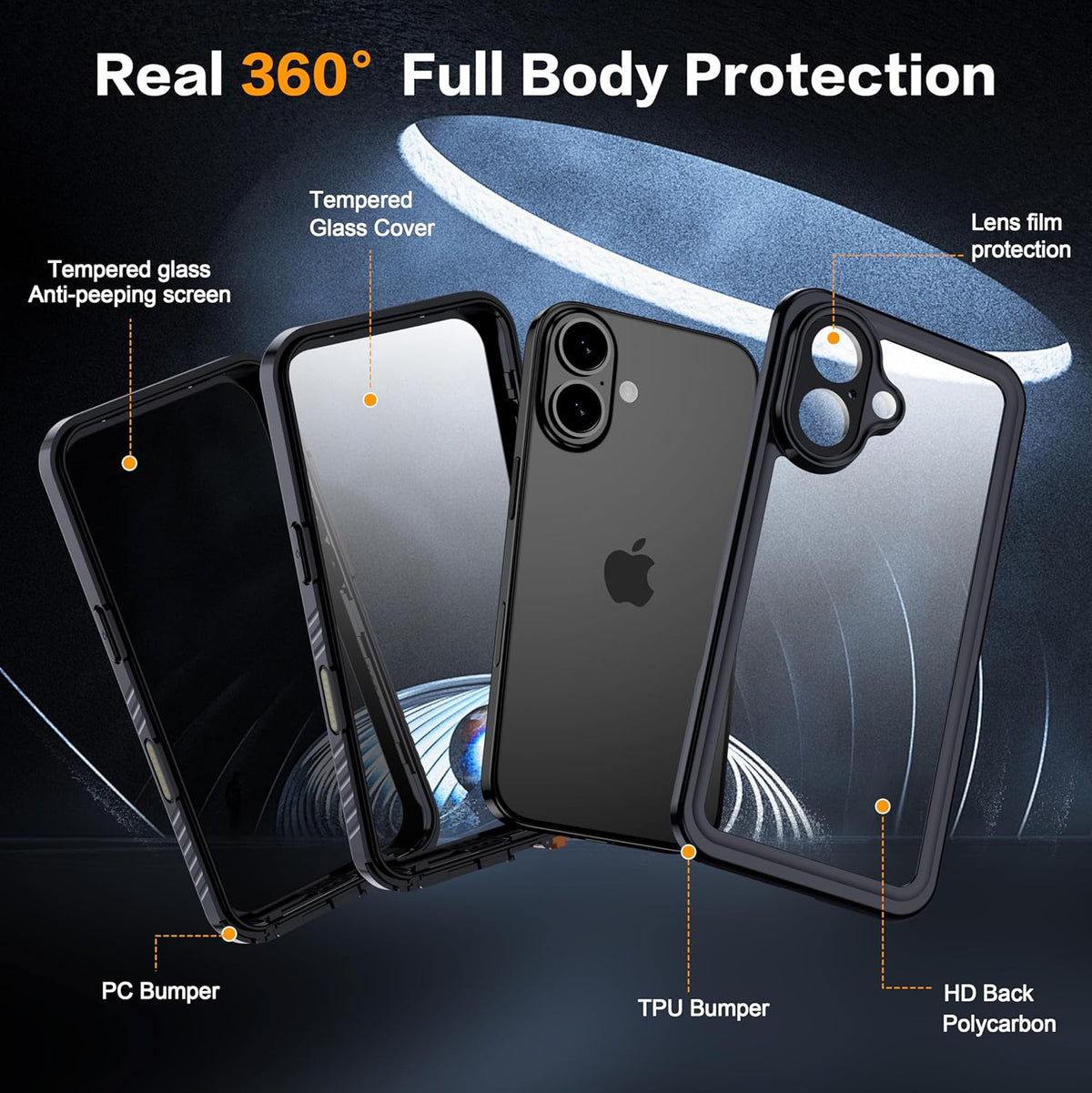 for iPhone 16 Case Waterproof, Built-in Privacy Screen & HD Screen Double Front Frame [IP68 Underwater] Shockproof Dustproof Full Body Protection iPhone 16 Phone Case Black