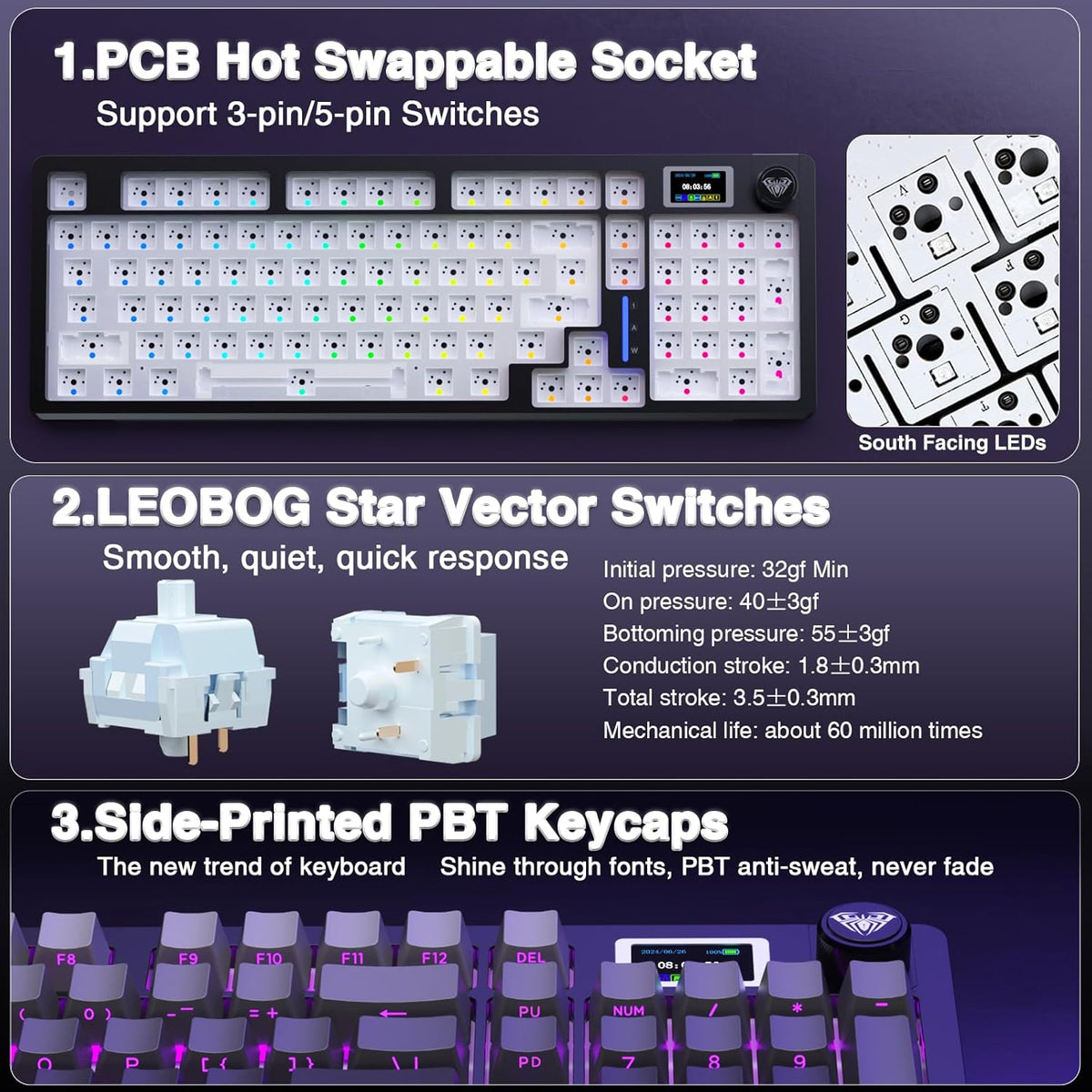 AULA S98 Pro Wireless Mechanical Keyboard with Screen & Knob,2.4GHz/USB-C/BT5.0 Hot Swappable Creamy Keyboard,Pre-lubed Linear Switches,Side Printed PBT Keycaps,RGB Backlit Gaming Keyboards