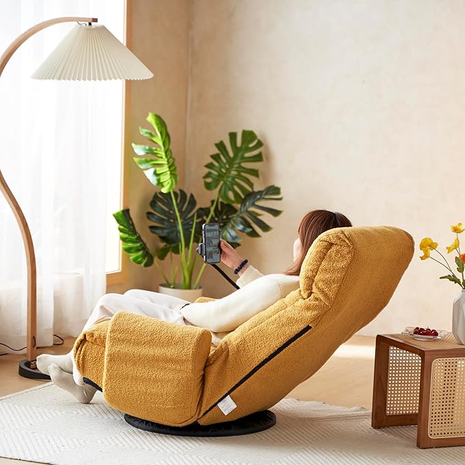360° Swivel Floor Gaming Chair with 5 Position Adjustable Folding Gaming Sofas with Phone Holder &amp Pockets Cushion Padded Chaise Lounge Chair for Adults Home Office Floor Leisure Chairs Yellow