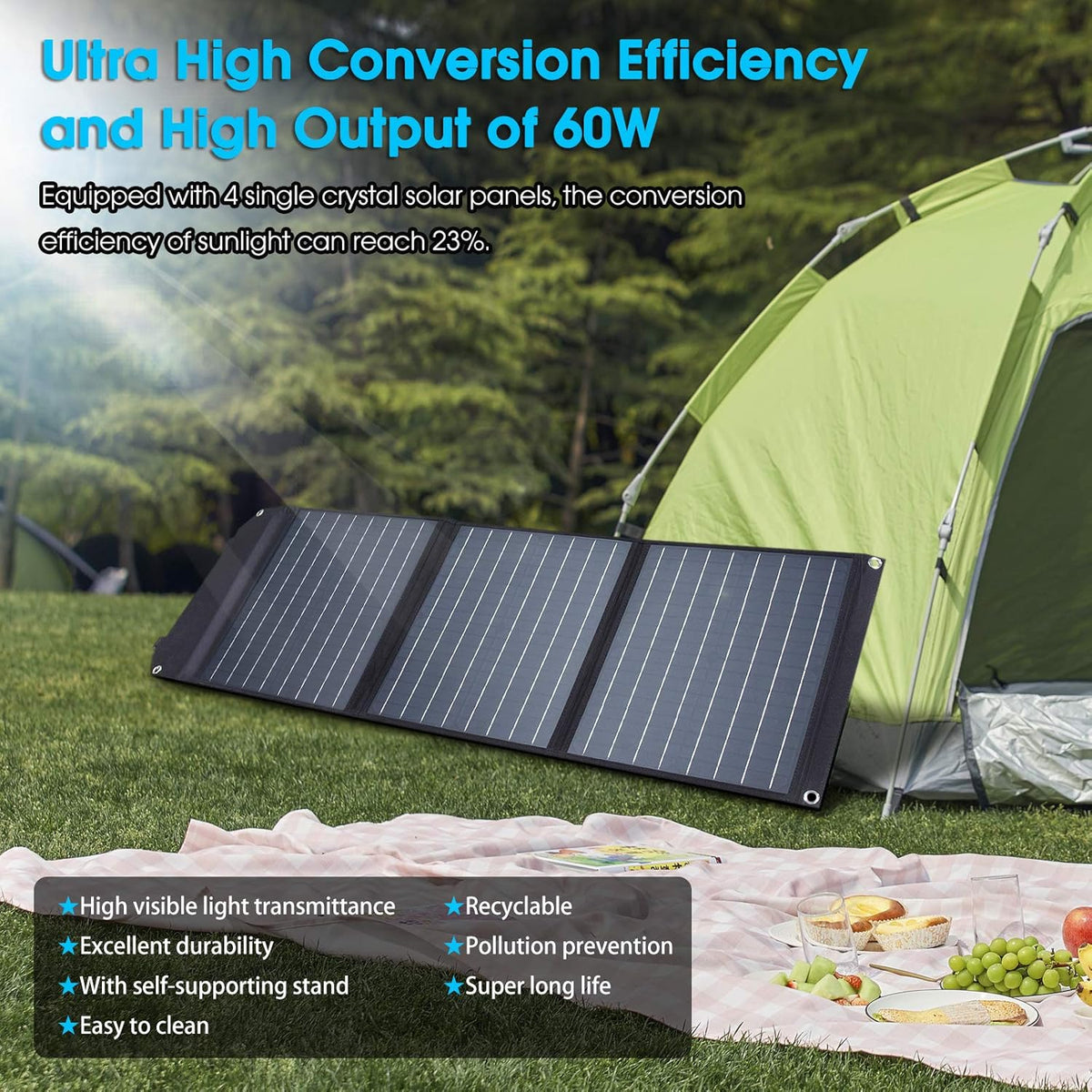 MARBERO 60W Portable Solar Panel 60 Watt Foldable Solar Panel for Solar Generators IP65 Waterproof 23% High Efficiency USB Port & DC Output(10 Changeable Adapters) for Outdoor Camping Travel Cloudy