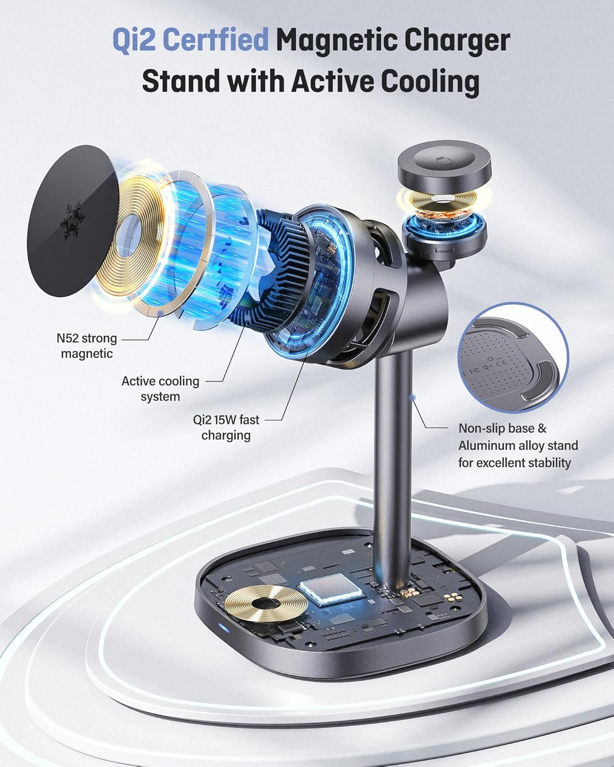 2025 New Magnetic Wireless Charger with Active Cooling, 15W Qi2 Fast 3 in 1 Charging Station for Apple Charger Stand, Wireless Charger for iPhone16/15/14/13/12 Series, Apple Watch, AirPods