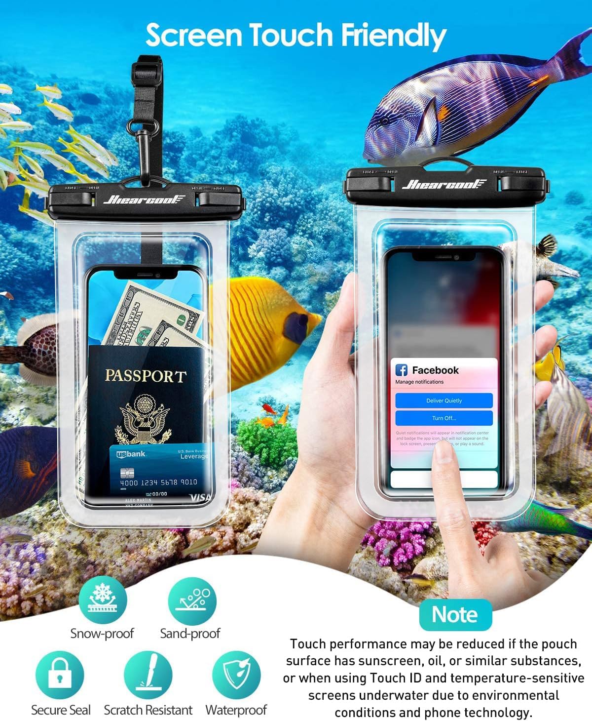 Hiearcool Waterproof Phone Pouch, Water Proof Phone Case for iPhone, Waterproof Cell Phone Dry Bag for Cruise Travel Vacation Essentials Large Waterproof Phone Holder 4 Pack-Black&Clear