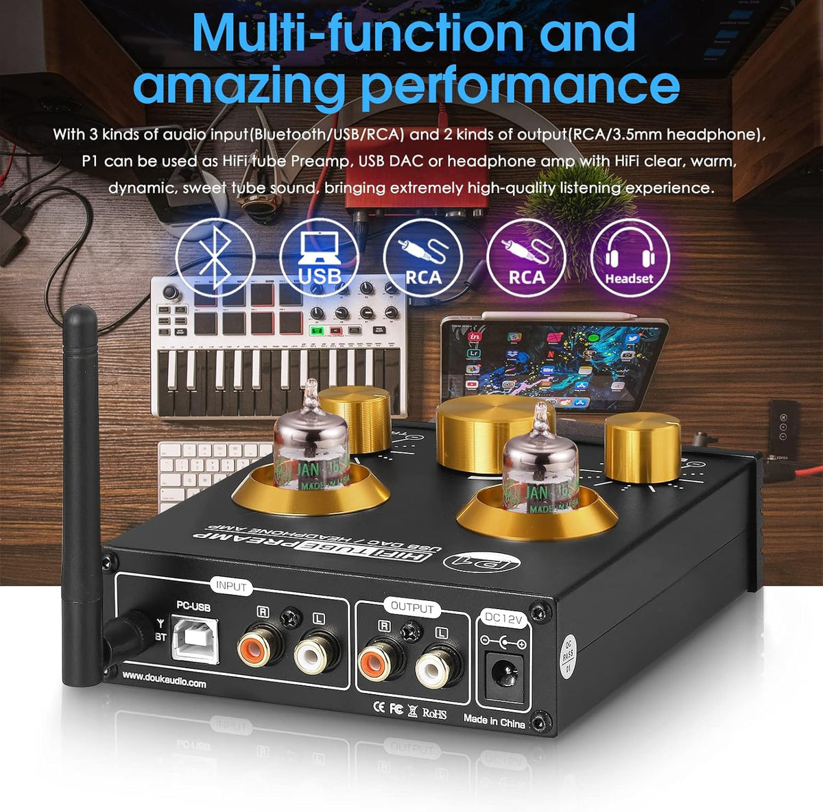 Douk Audio P1 Vacuum Tube Bluetooth Preamplifier, GE5654 Audio Preamp, Hi-Fi Headphone Amp, Stereo Wireless Receiver with USB DAC & APTX-HD for Home Theater Amplifier/Active Speaker