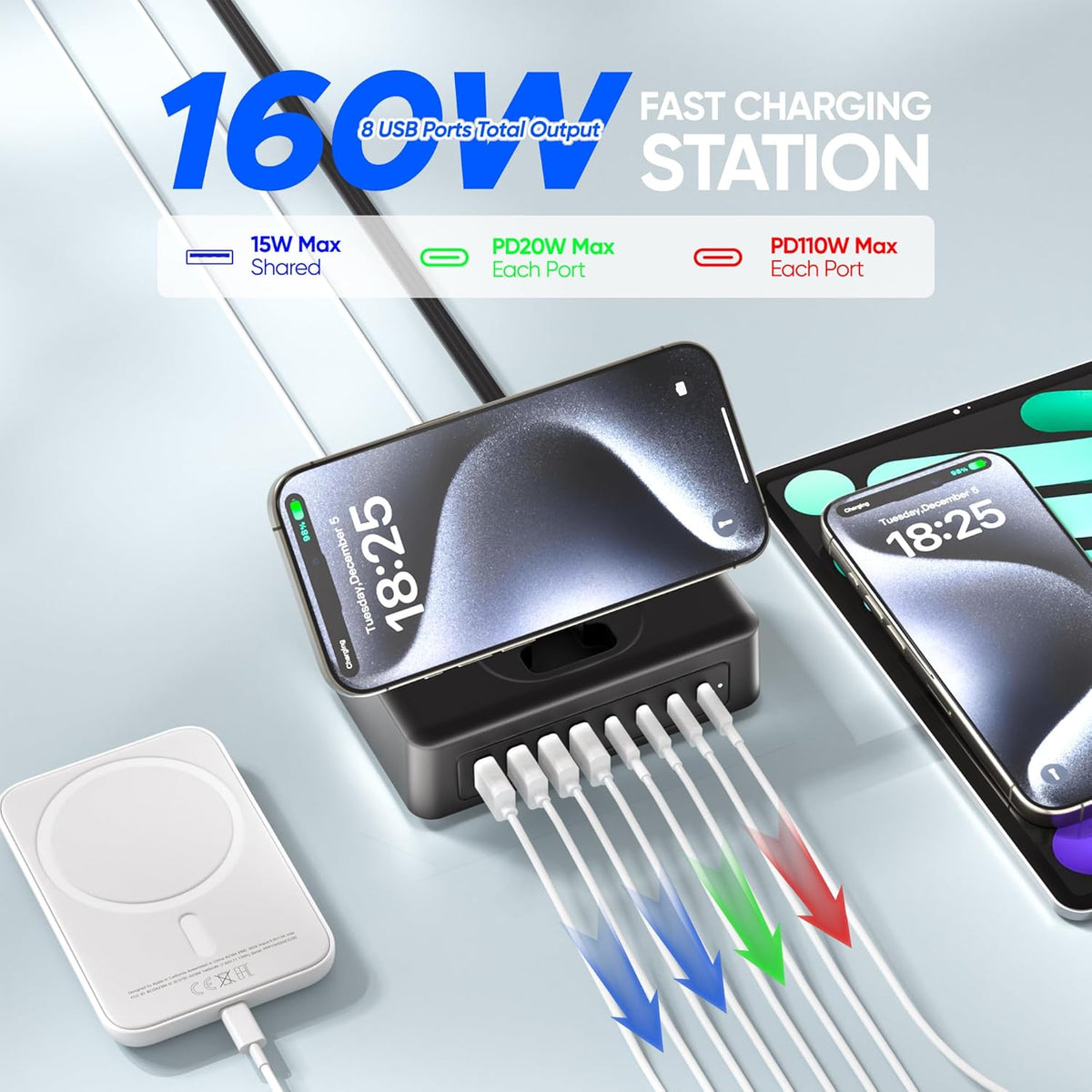 160W USB Charging Station Power Strip, 11-in-1 USB C Charger Block, 2AC Outlets with 8USB Ports(4USB-C), 5FT Flat Plug Extension Cord, Fast Charging Desktop Charger for Home Office Dorm Room, Black