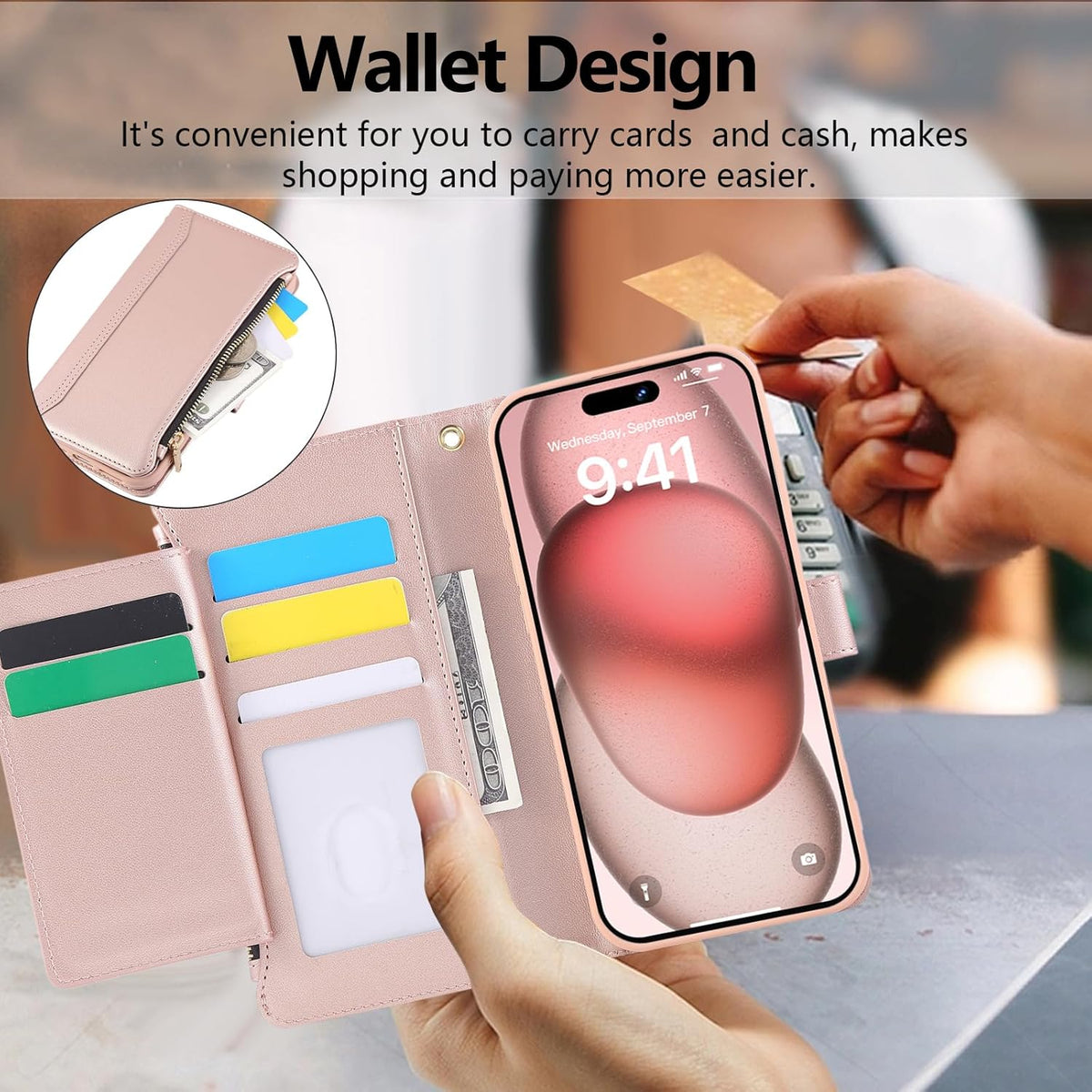Compatible with iPhone 14 Pro Max Wallet Phone Case-PU Leather Magnetic Flip Cover with Credit Card Slots,Zipper Pocket & Detachable Wrist Strap,Shockproof Design,for Women and Men-Pink