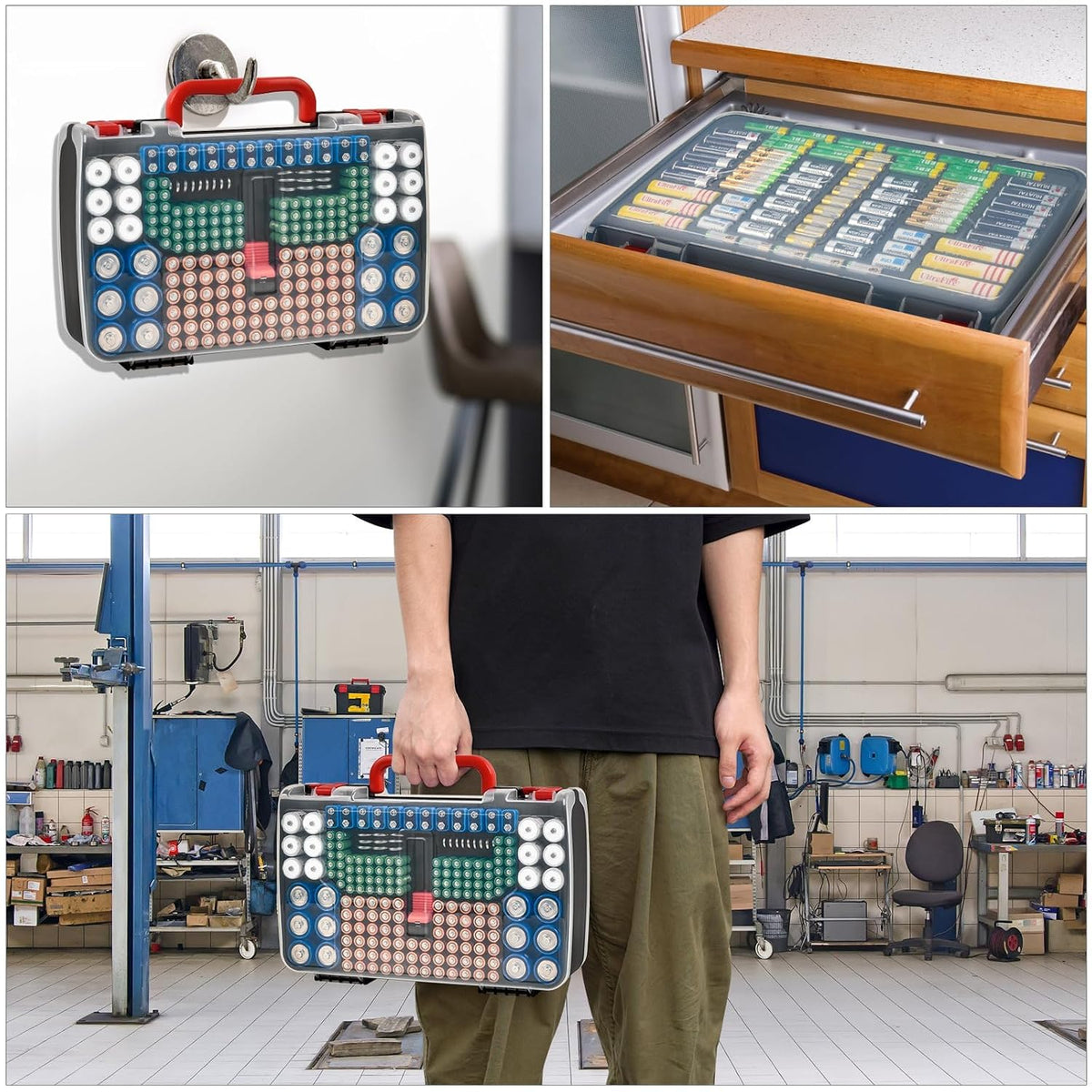 BT-168 269, 9V 18650 CR123A CR2 23A 4LR44 FULLCASE Double-Sided Battery Storage Organizer Case with Tester, Holds Fits