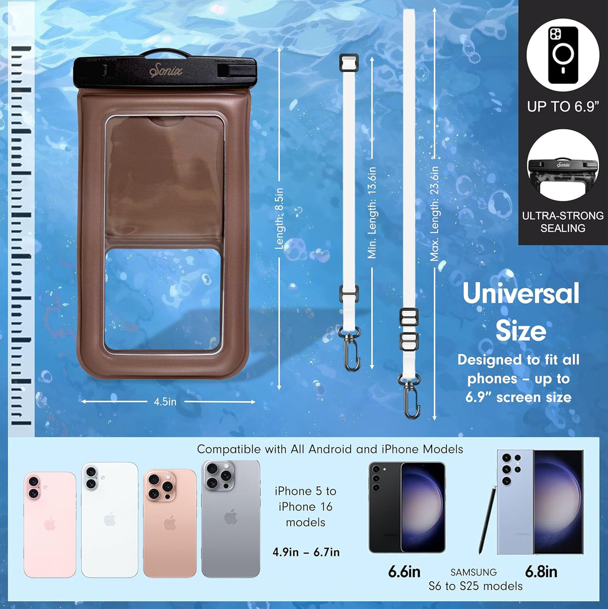 Sonix Waterproof Phone Pouch - Floating Phone Case Dry Bag w/Crossbody Lanyard - Beach Cruise Travel Essentials - Compatible w/All Devices, Touchscreen Friendly | Mocha