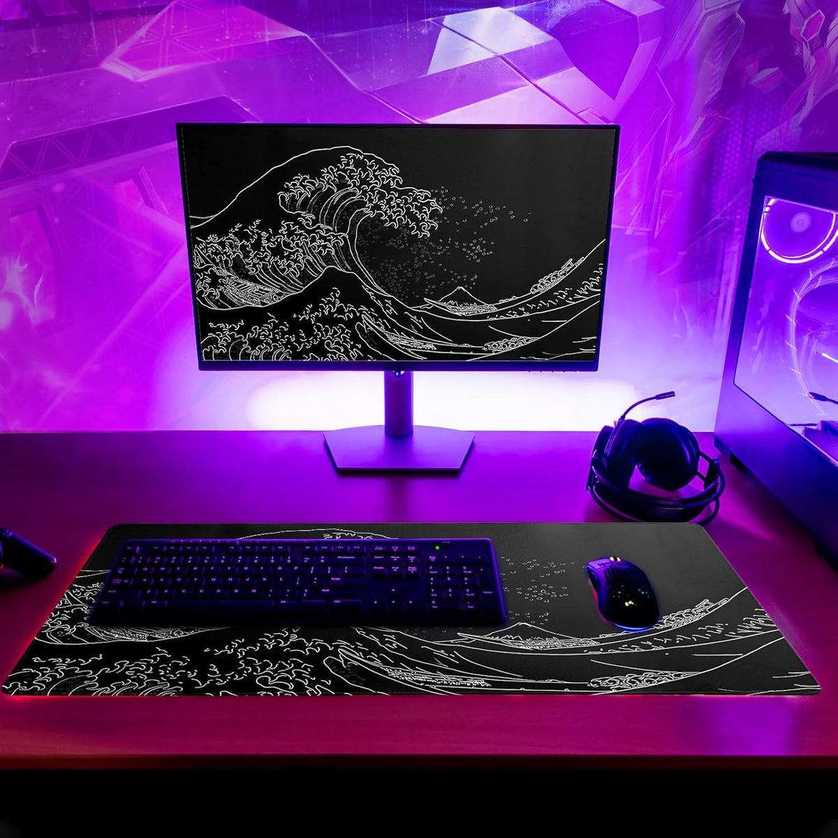Japanese Gaming Mouse Pad Abstract Black Mouse Pad 31.5x11.8 Inch Black Sea Wave Texture Non-Slip Rubber Base Large Ocean Mousepad Stitched Edges Keyboard Mouse Mat Desk Pad for Office and Home