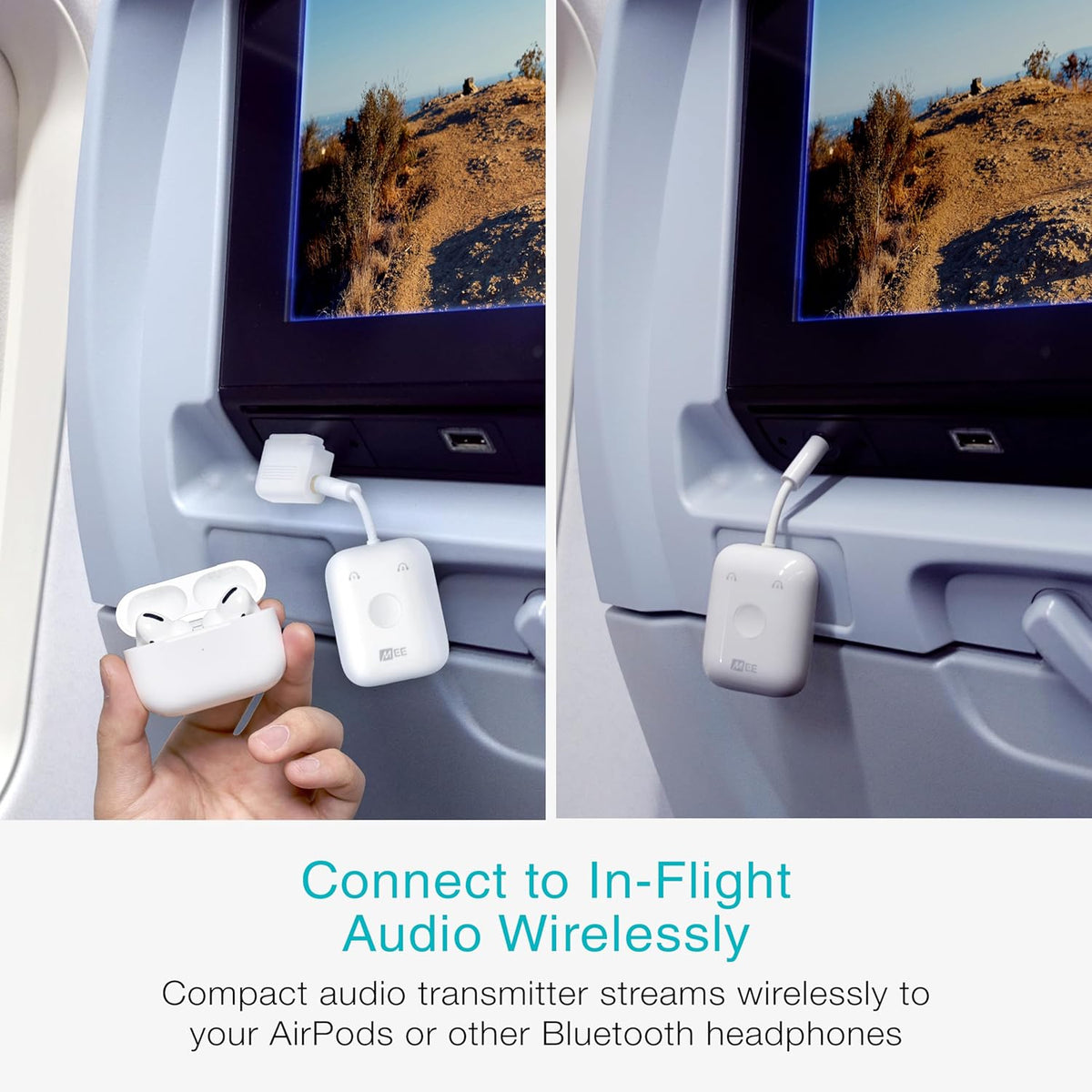 MEE audio Connect Air in-Flight Bluetooth Wireless Audio Transmitter, with Extra Dual 3.5mm Jack AUX Adapter, for up to 2 AirPods/Other Headphones; Works with All 3.5mm Aux Jacks, White