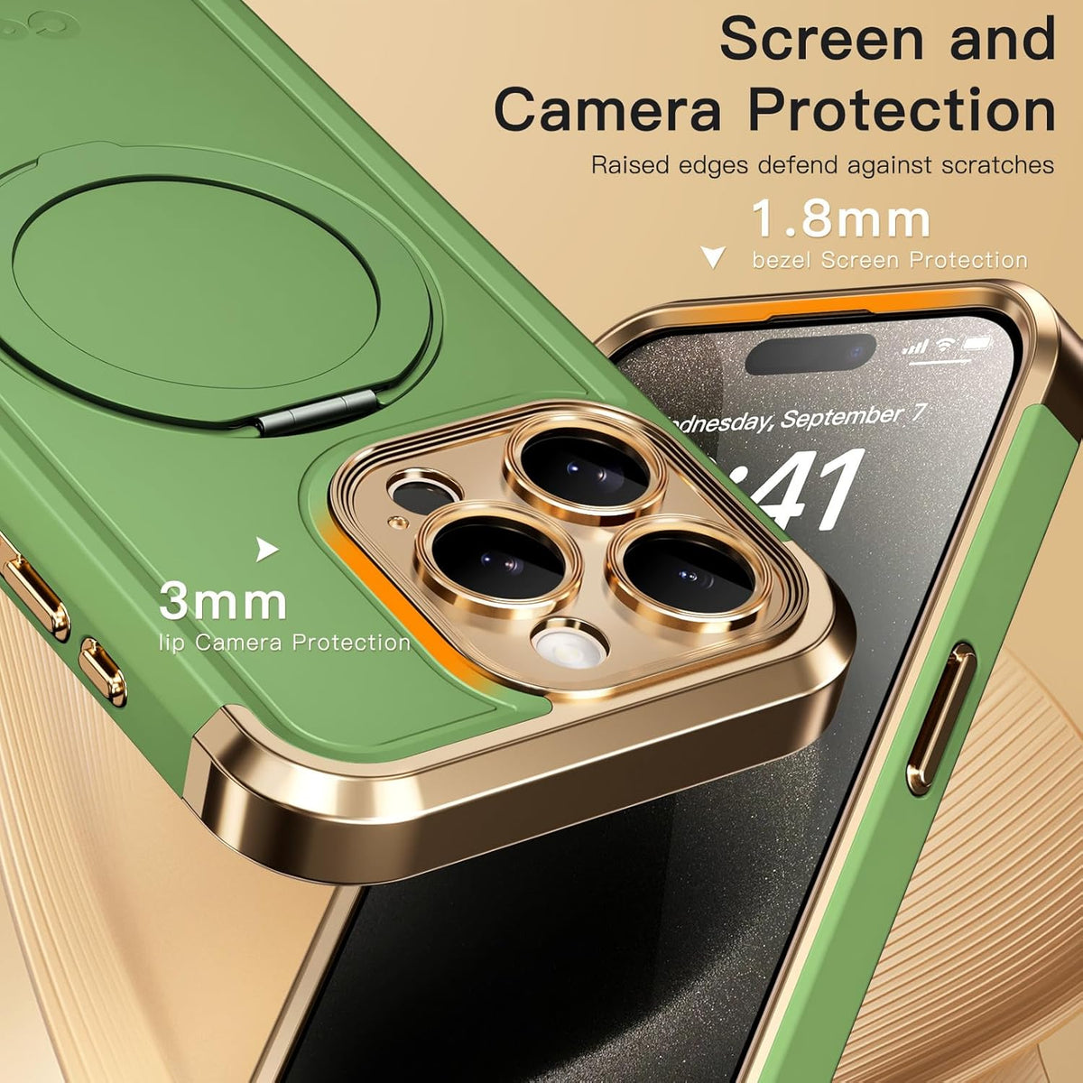 COOLQO for iPhone 15 Pro Max Case 6.7'' Upgraded 360° Spin Magnetic Stand [Compatible with Magsafe][Military Protection] Shockproof Protective Phone Holder Cover for iPhone 15 Pro Max, Matcha Gold