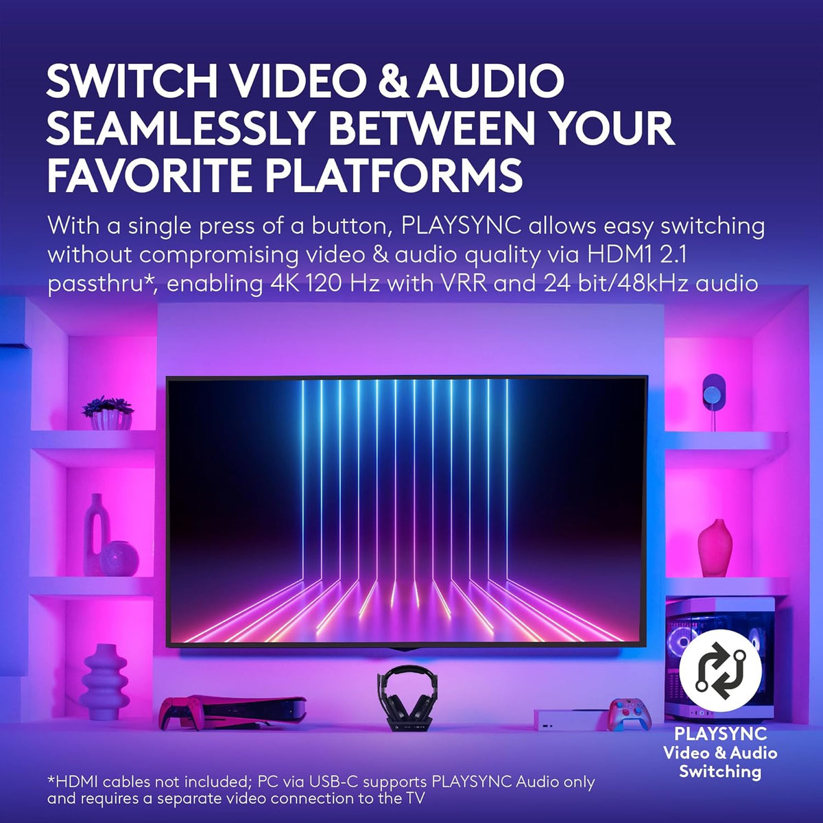Logitech G Astro A50 X Omni-Platform Wireless Gaming Headset + Base Station for PS5, Xbox, PC: PLAYSYNC Video & Audio Switcher, HDMI 2.1 4K 120Hz VRR, <24 bit/48 kHz, 24hr Battery, 2.4GHz & BT - Black