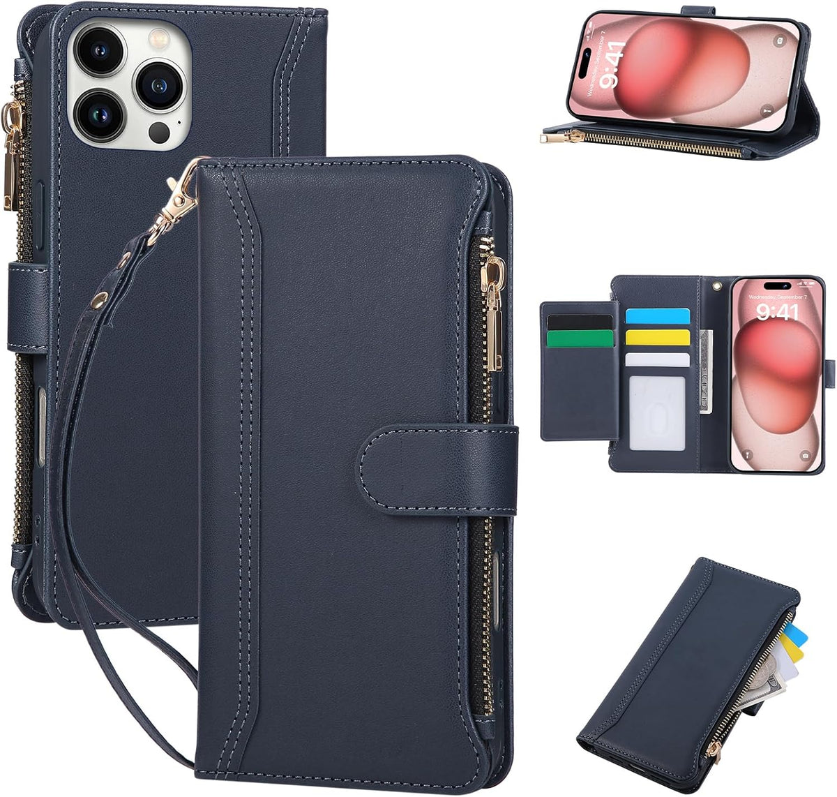 Compatible with iPhone 13 Pro Wallet Phone Case-PU Leather Magnetic Flip Cover with Credit Card Slots,Zipper Pocket & Detachable Wrist Strap,Shockproof Design,for Women and Men-Navy Blue