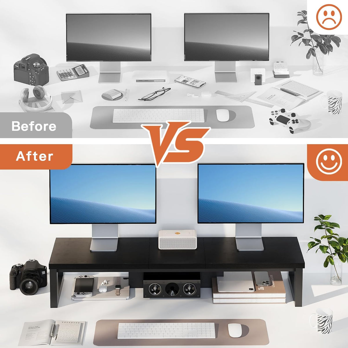 HEWORLIF Dual Monitor Stand Riser, Wood and Steel Monitor Stand for Desk, Multi-Purpose Desk Shelf Organizer
