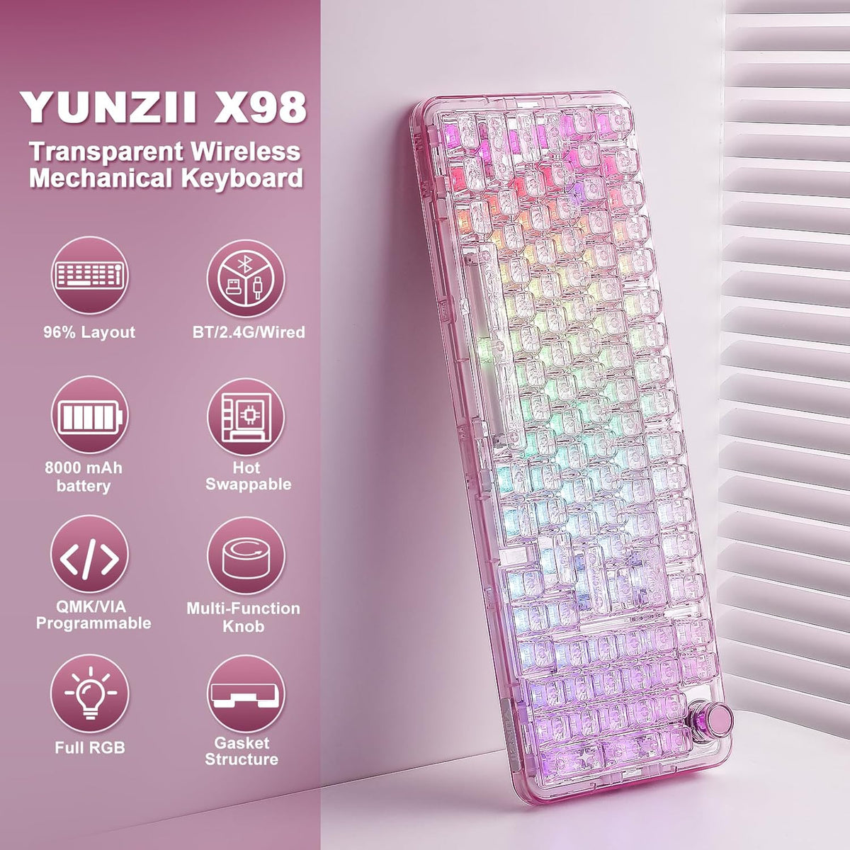YUNZII X98 QMK/VIA Wireless Mechanical Gaming Keyboard with Knob,Tri-Mode BT5.0/USB-C/2.4GHz Hot Swappable Keyboard,Pre-lubed Switches Gasket Mount RGB Backlit for Wins/Mac (Pink, Snow Switch)