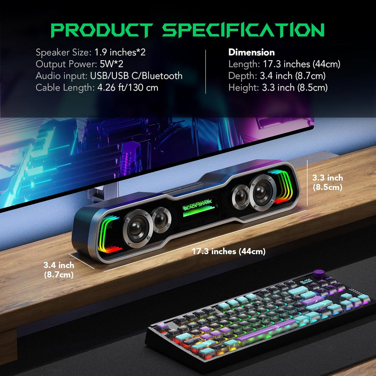 Black Shark BS-SP1 Bluetooth Computer Speakers for Desktop, 5 Colorful Lights Gaming PC Speaker with Stereo Sound, USB C/USB Powered Sound-bar for Computer Desktop PC Monitor Laptop