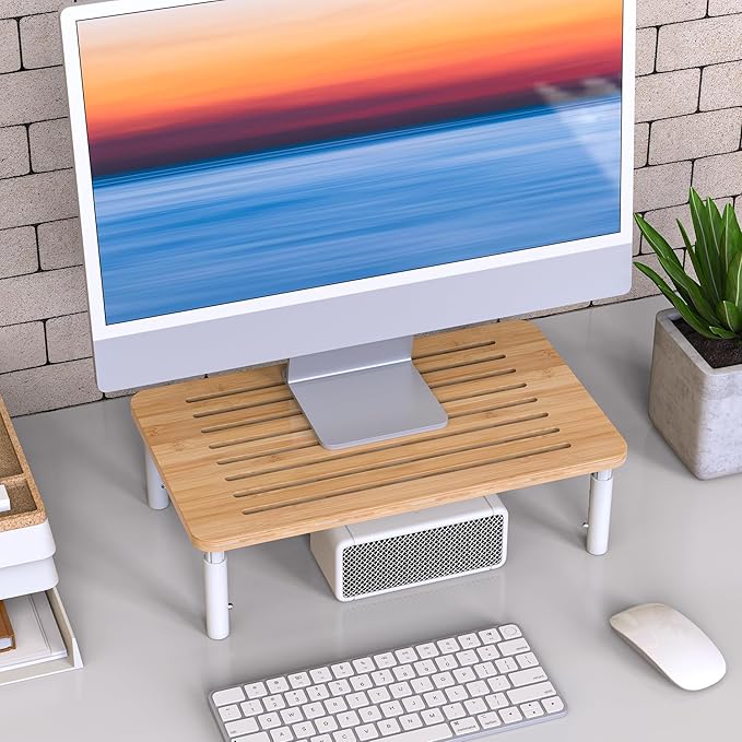 WELL WENG Bamboo Monitor Stand Riser, 4 Adjustable Height,Easy Assembly