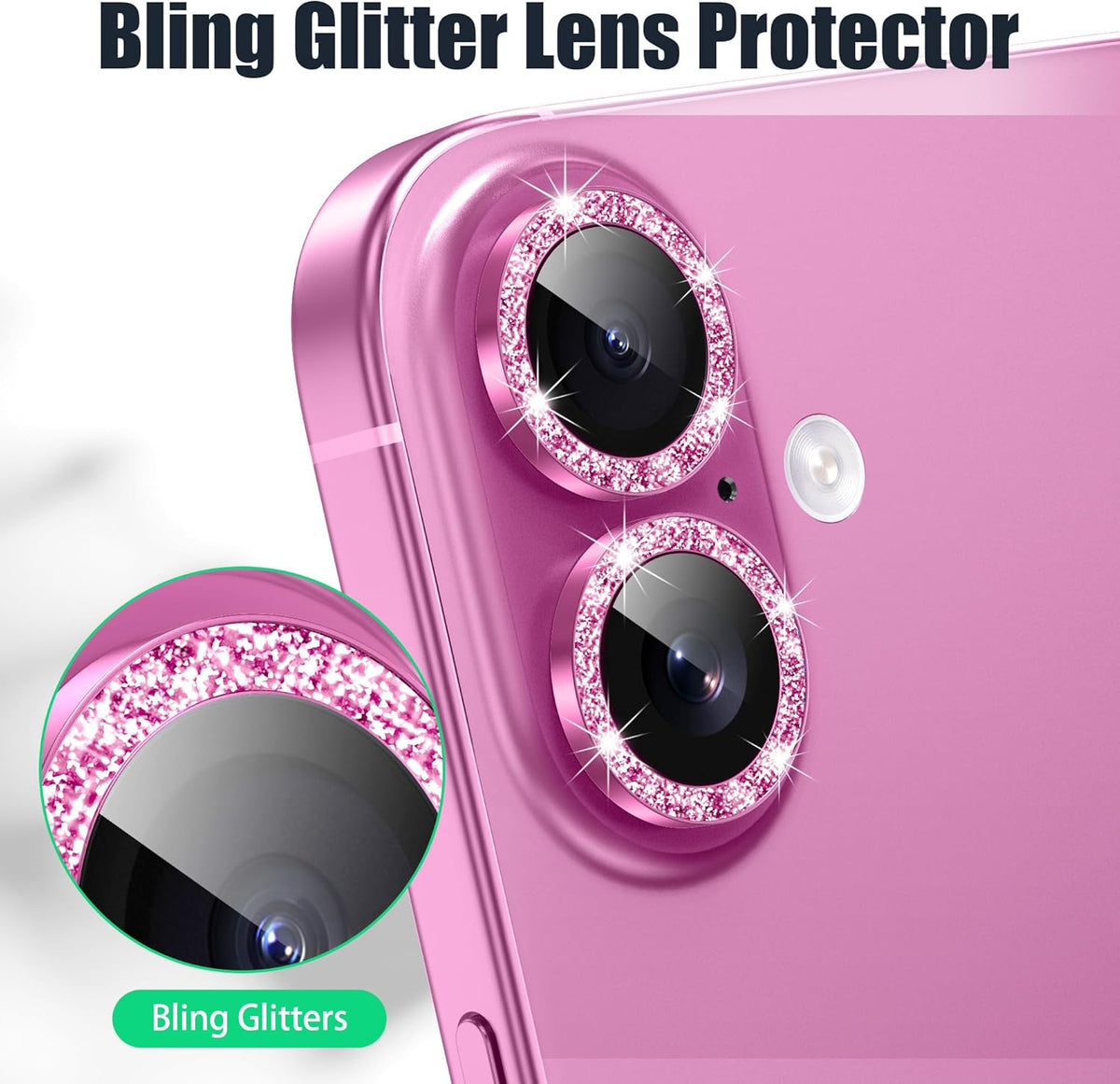 AGVEE 3+3 6 Pack for iPhone 16 6.1" / 16 Plus 6.7" Camera Lens Cover Protector, Bling Diamond & Bling Glitter Metal Ring 9H Tempered HD Glass Camera Cover Protector Film, Bling-Rose
