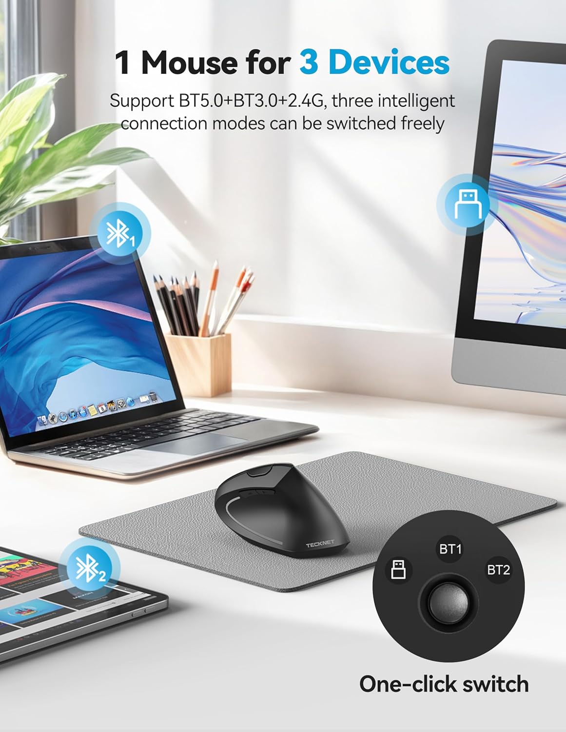 TECKNET Ergonomic Mouse with Jiggler, Bluetooth Wireless Vertical Mouse, 4800DPI Rechargeable Carpal Tunnel Mouse, Undetectable Random Movement Keeps Computers Awake for PC, Laptop