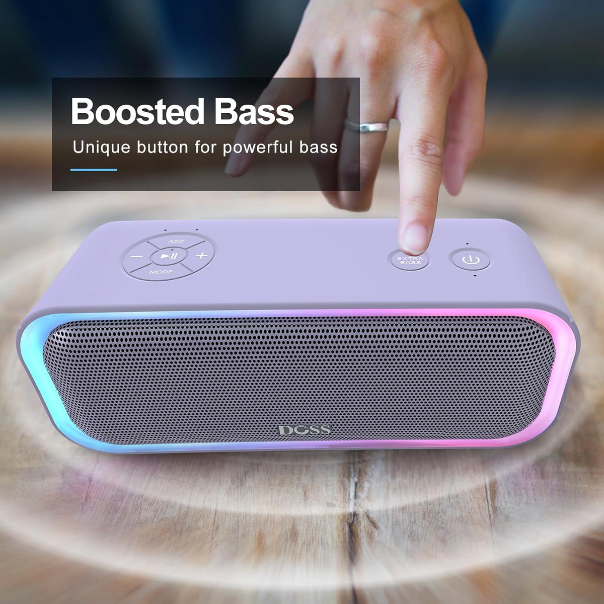 DOSS SoundBox Pro Bluetooth Speaker with 20W Stereo Sound, Active Extra Bass, IPX6 Waterproof, TWS Pairing, Multi-Colors Lights, 20H Playtime, Portable for Beach, Outdoor-Purple