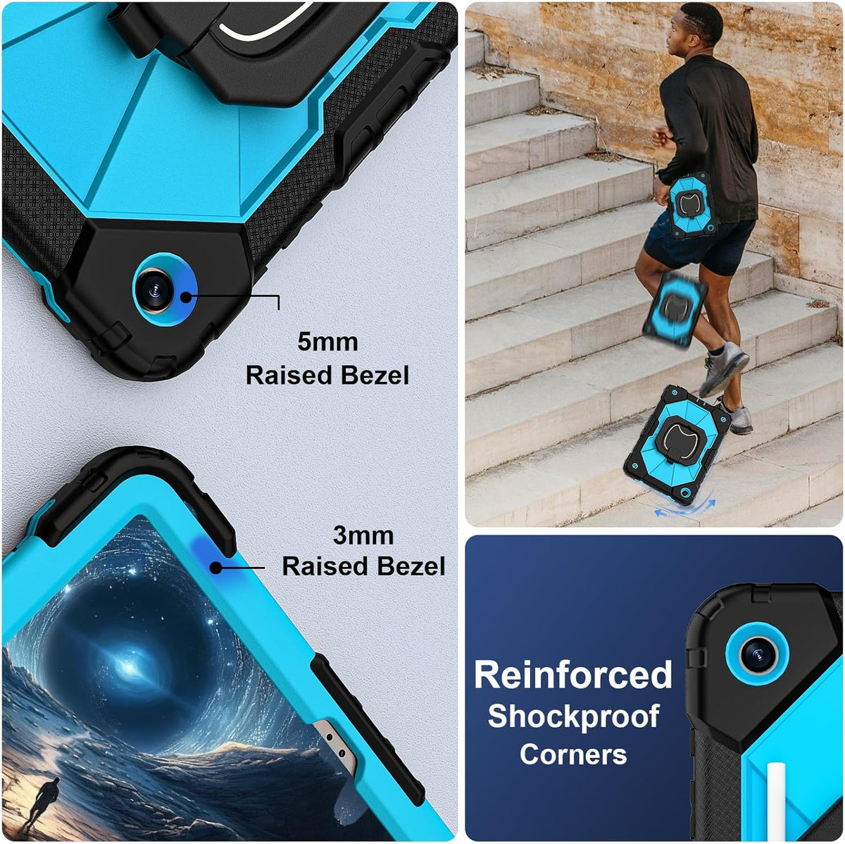 for Galaxy Tab A9 Plus Case 11 Inch, Rugged Case for Samsung Galaxy A9+ Tablet with Screen Protector 360 Rotating Stand Shoulder Strap Pen Holder, 2023 Model(SM-X210/X216/218), Black Blue