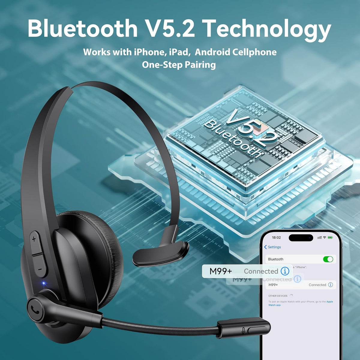 Bluetooth Headset with USB Dongle for Computer, Single-Ear Wireless Headset with Noise Cancelling Microphone for Office & Truckers, Bluetooth V5.2 with Mute Button for Work