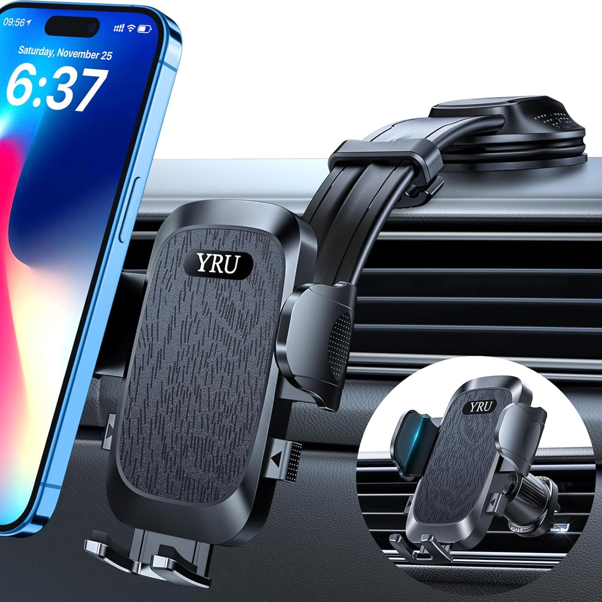 YRU [2025 Ultimate Car Phone Holder Mount [Bendable & Adjustable Aluminum Arm] Cell Phone Holder for Car Dashboard Windshield Phone Stand for iPhone 16 15 14 13 Pro Max Samsung Pickup Truck, Black