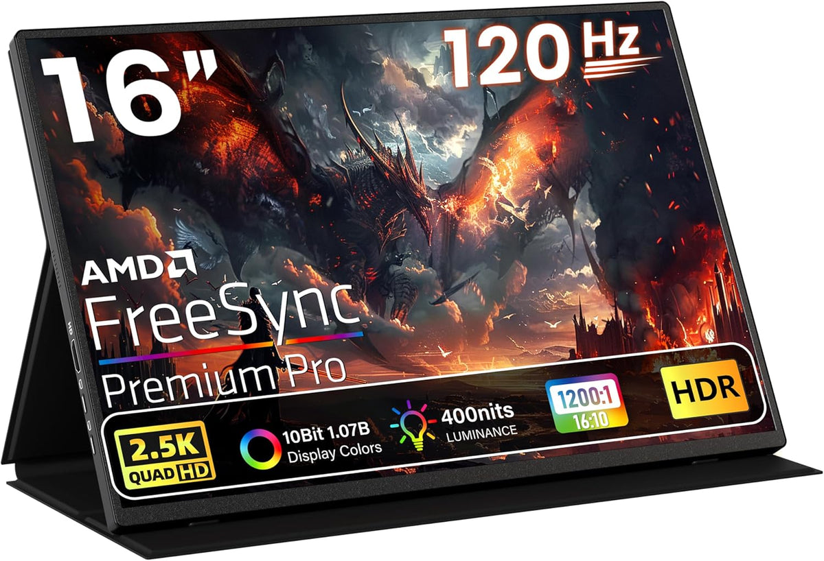 Portable Gaming Monitor 16 Inch QHD 2.5K 2560X1600 16:10 120 Hz Free-Sync 100% sRGB 10 Bit 400 Nits Travel Screen for MacBook, Laptop, PC, Game Consoles, VESA Compatible, with Cover