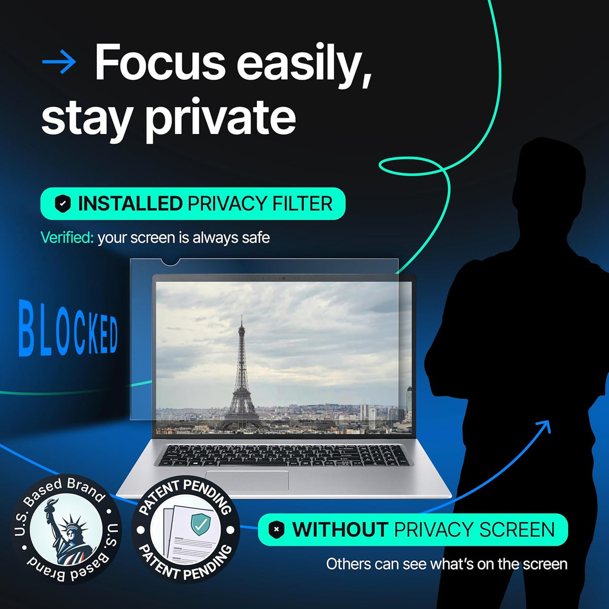 VINTEZ 14 Inch 16:9 Privacy Screen for Computer Monitor and Laptop - Anti Glare Protector Film Blue Light Filter Eye Protection - Computer Screen Privacy Shield, [1 Pack]