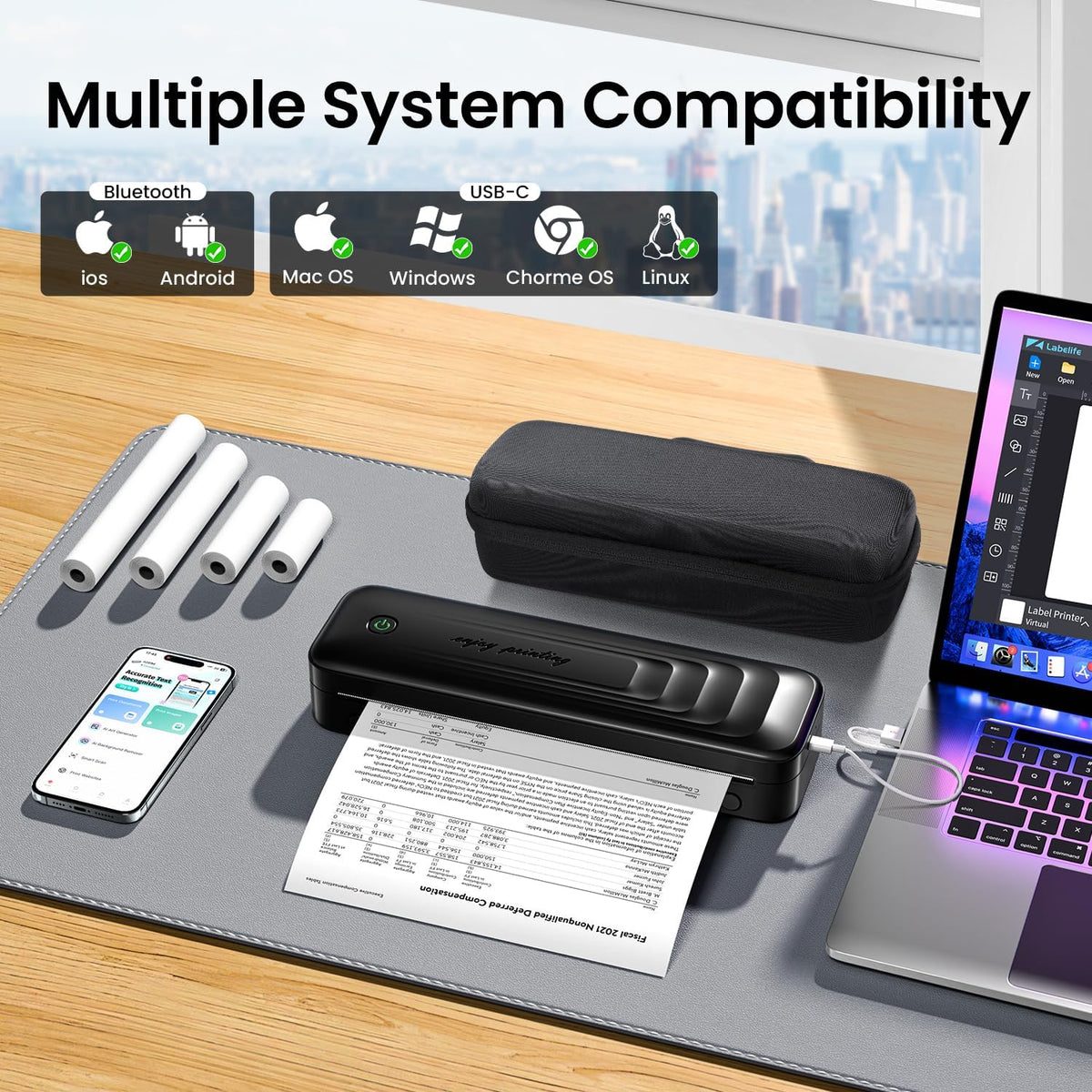 2025 Portable Printers Wireless for Travel, Inkless Thermal Printer Support 8.5" x 11"& A4, Mobile Printers with Carry Case, Bluetooth Portable Printer for Office,Travel,School,Car,Home,Black
