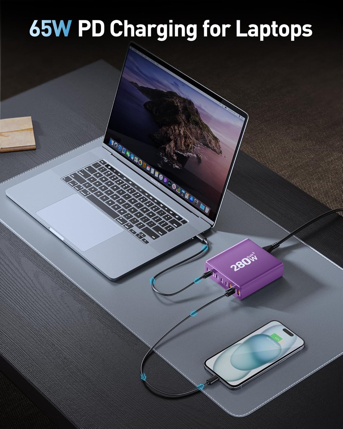 280W USB C Charger Block, 8-Port USB C Charging Station GaN III PD 65W Laptop Charger Adapter Compatible with MacBookPro/Air,DELL,iPad,Portable Charging Station for iPhone,Samsung Galaxy(Purple)