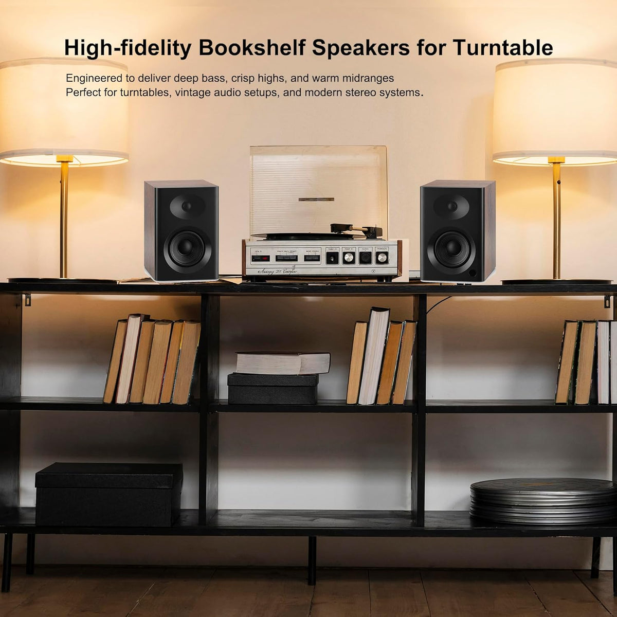 Bookshelf Speakers with Deep Bass, 80W Peak Output HiFi Gaming Computer Speakers, 4" Desktop Audio System for Home Entertainment, Turntable, Pair, Walnut