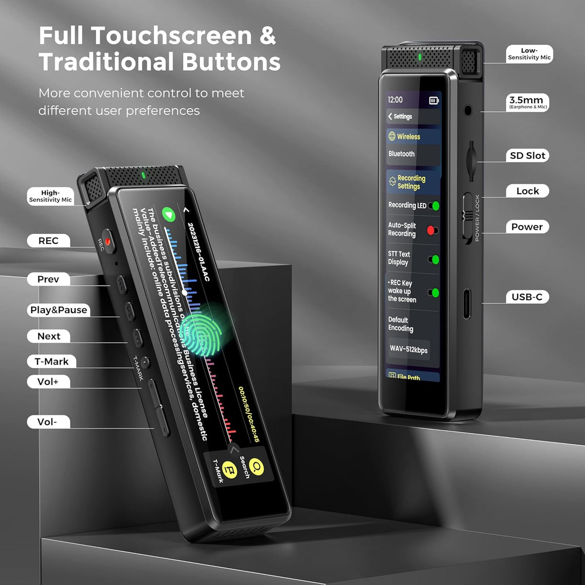 136GB Digital Voice Recorder with Playback, Innioasis R1 Full Touchscreen Voice Recorder with AI Intelligent Transcription and Bluetooth, Voice Activated Sound Audio Recorder Device with Mic (Black)